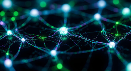 Abstract representation of a neural network or digital connections with glowing nodes and intricate lines on a dark background, symbolizing AI and data.