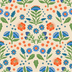 Hand drawn textured florals pattern background on ivory