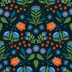 Hand drawn textured florals pattern background on dark