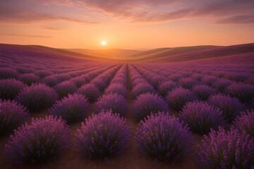 Lavender field over rolling hills at sunset