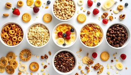 Assorted breakfast cereals and fruits in bowls