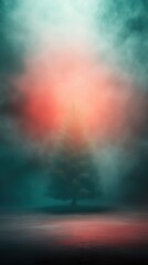 Ethereal christmas tree in foggy dreamscape with vibrant colors