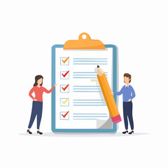 Task checklist, clipboard with to do list checkmark, task management to track work completion, accomplishment, survey or questionnaire concept, business people with pencil and checklist clipboard.