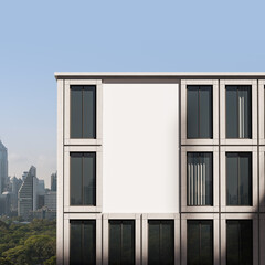 Blank white billboard mockup on modern facade of office building in cityscape background under clear blue sky for advertising concept display. 3D Rendering