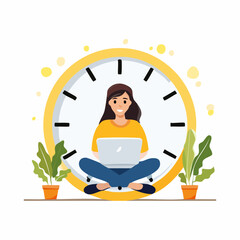 Part-time job, work tracking system, day planning or time management, side hustle or office work deadline, start and end time schedule concept, businesswoman working with laptop on split time cloc