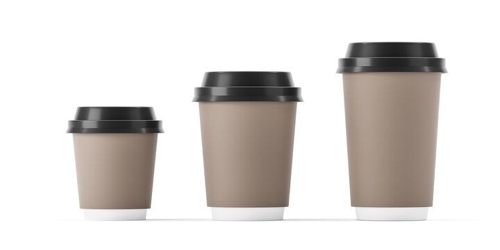 Realistic mockup of three empty takeaway cups in different sizes with blank brown surfaces for branding on white background. 3D Rendering
