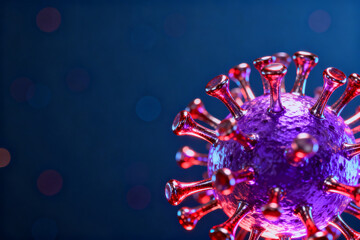 3D rendering of a virus particle with spike proteins on a dark background