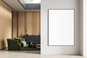 Modern interior with wooden panels, green armchairs, and poster mockup on white wall in minimal lounge setting with natural light and ceiling window. 3D Rendering
