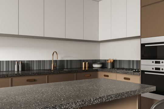 Modern minimalist kitchen interior with granite countertops and built-in appliances in neutral tones and sleek cabinetry. 3D Rendering. 3D Rendering