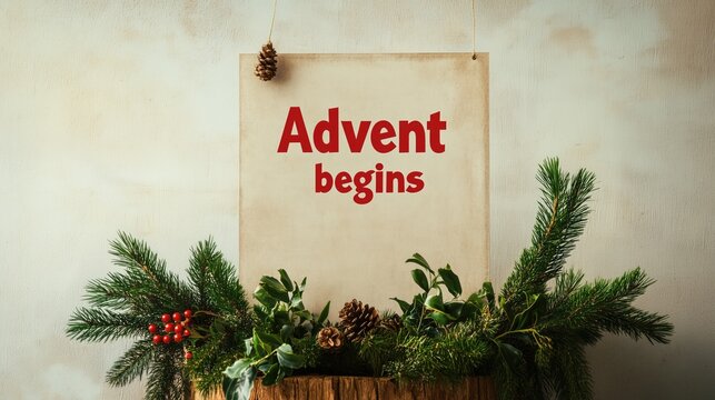 Advent begins sign with festive decor of pine branches and red berries