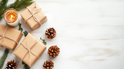 Fototapeta premium Festive holiday scene with wrapped gifts, pine cones, and candle on wooden surface