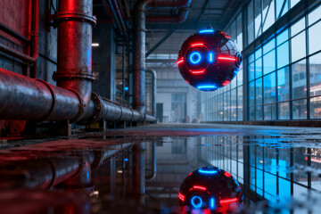 Floating spherical robot with neon lights in a wet industrial corridor