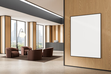 Modern office lounge interior with wood panel walls and blank poster mockup for branding or design concept presentation in daylight setting. 3D Rendering