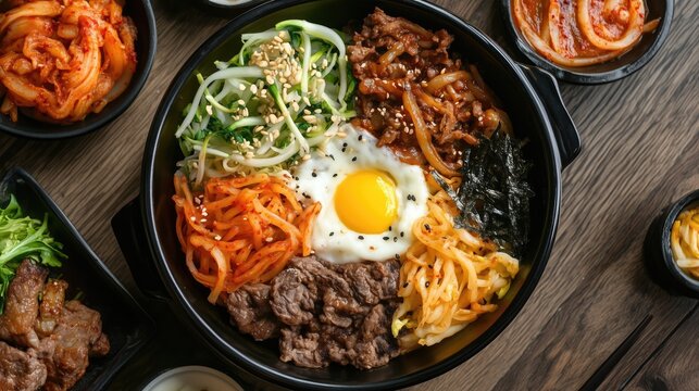 Vibrant korean bibimbap dish with vegetables, beef, egg, and kimchi