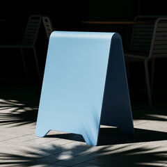 Minimalist blue sidewalk sign standing in sunlight with sharp shadows, perfect for branding mockup or advertisement template concept layout design. 3D Rendering