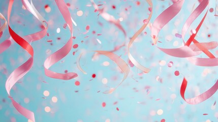 Confetti and pink streamers falling against a light blue background, creating a festive atmosphere for celebrating birthdays, promotions, holidays, and joyous events