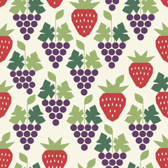 Seamless geometric pattern of grapes and strawberries (no melons), flat design
