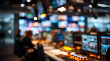 Broadcast control room blurred focusing on the intricate technology and fast paced activity involved in transmitting live television and digital media news to audiences worldwide