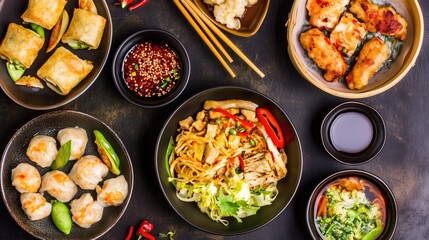Assorted asian cuisine with dumplings, chicken, and noodles on dark background
