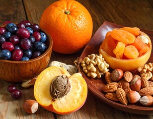 Assorted fresh and dried fruits and nuts on a wooden table