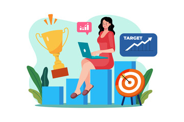 Woman with Laptop on Blue Bar Graph with Trophy and Target in Vector Illustration with Transparent Background