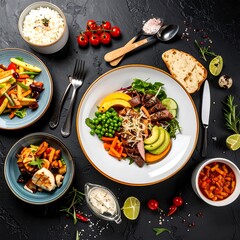 Assorted colorful dishes with vegetables, meat, and grains arranged on a dark surface