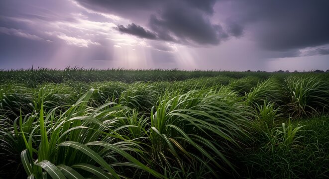 Dramatic light rays pierce dark storm clouds over a vibrant, wind-swept field of lush green crops, suggesting an approaching or passing storm