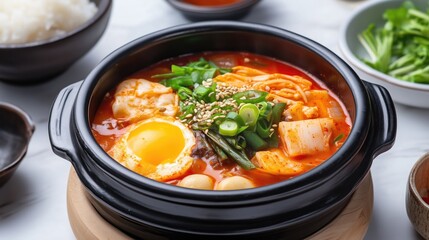 Spicy korean kimchi stew with tofu, egg, and vegetables in traditional stone pot