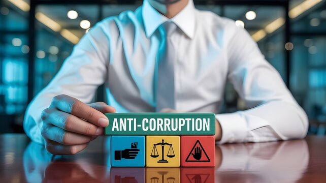 Anti-Corruption Concept with Justice and Ethics Icons on Wooden Blocks - Powered by Adobe