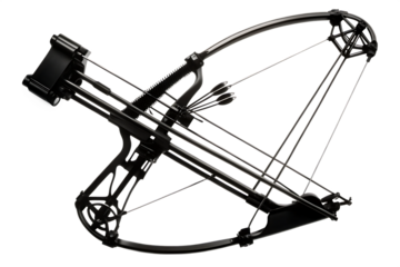 A black silhouette of a compound bow with a mounted quiver, drawn on a white background, ,PNG. AI Generated.