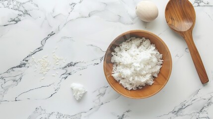 Rice, Wooden Spoon, and Bowl – a warm and rustic composition. The natural textures and earthy tones create a cozy, homey kitchen atmosphere.