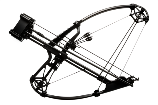 A black silhouette of a compound bow with a mounted quiver, drawn on a white background, ,PNG. AI Generated. - Powered by Adobe
