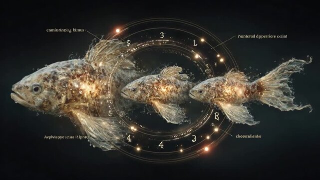 Mystical aquatic life cycle representation with digital interface elements and golden shimmering