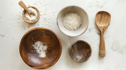 Rice, Wooden Spoon, and Bowl – a warm and rustic composition. The natural textures and earthy tones create a cozy, homey kitchen atmosphere.
