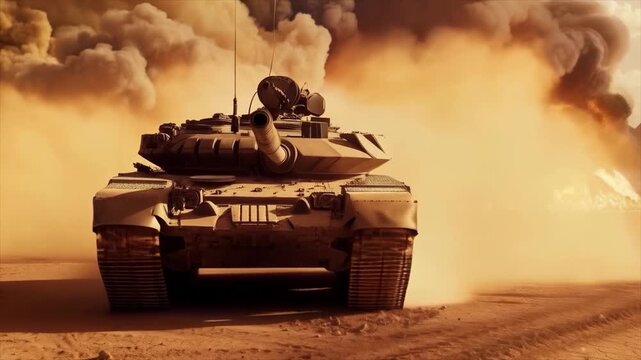 A tank moves through the desert, surrounded by explosions and clouds of smoke, conveying the tense combat situation. Useful for news articles about military conflicts, historical materials, computer g