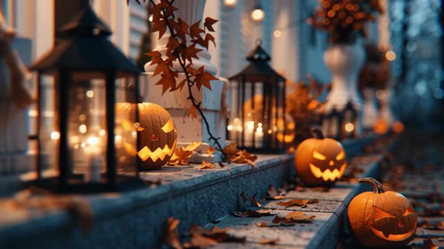 4k video of a Halloween scenery with Halloween pumpkins.