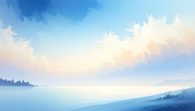 Serene Watercolor Seascape with Pastel Clouds and a Gentle Morning Glow