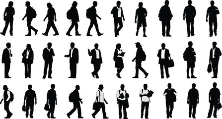 Silhouette collection of diverse people walking, standing, and commuting in urban settings, perfect for business, travel, and lifestyle design projects.