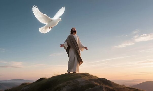 Heavenly Dove Over Jesus&rsquo; Head with Divine Light: Symbol of the Son of God
