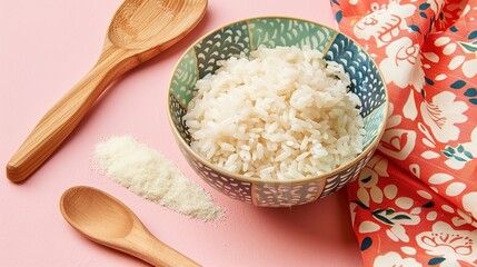 Rice, Wooden Spoon, and Bowl – a warm and rustic composition. The natural textures and earthy tones create a cozy, homey kitchen atmosphere.