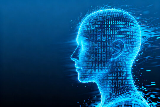 Digital human head composed of binary code against a blue background