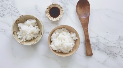 Rice, Wooden Spoon, and Bowl – a warm and rustic composition. The natural textures and earthy tones create a cozy, homey kitchen atmosphere.