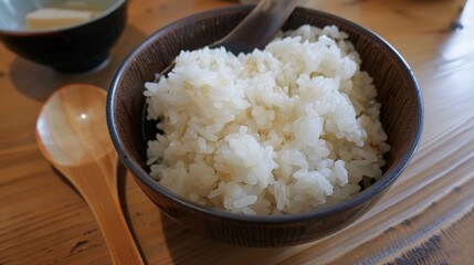 Rice, Wooden Spoon, and Bowl – a warm and rustic composition. The natural textures and earthy tones create a cozy, homey kitchen atmosphere.