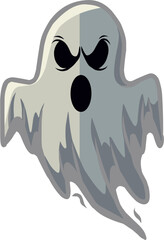 A cartoon illustration of an angry white ghost with dark eyes and an open mouth, floating with a spooky expression.