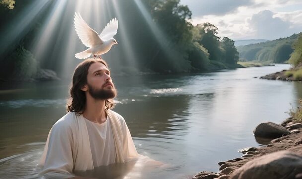 Heavenly Dove Over Jesus&rsquo; Head with Divine Light: Symbol of the Son of God