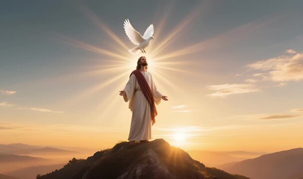 Heavenly Dove Over Jesus&rsquo; Head with Divine Light: Symbol of the Son of God