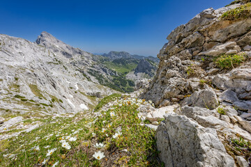 A view of Ojstrica mountain from the Srebrno sedlo in Kamnik-Savinja Alps, Slovenia