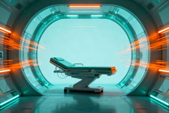 Futuristic medical scanning chamber with illuminated circular doorway and patient bed