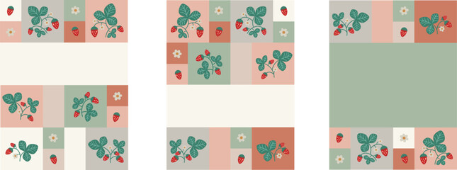 Naklejka premium Bauhaus Strawberry Cards with Geometric Retro Design for Stationery and Invitations