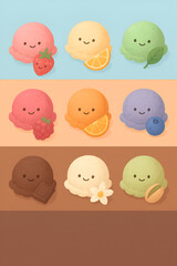 Fototapeta premium different flavours of ice creams scoops, ice cream characters, easter, food, candy, toy, sweet, dessert, ice cream scoops in characters, orange, blue berry, cotton candy flavour, strawberry, seamless,